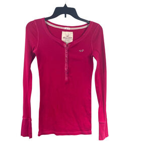 Hollister Women Sz L Henley Top Red Y2K Fitted Ribbed Grunge Elena Gilbert Twee